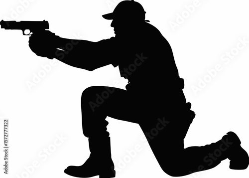 High-quality black silhouette of a law enforcement officer in a defensive tactical pose—ideal for security, patrol, or military-themed vector graphics