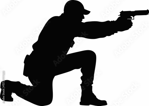 Detailed silhouette of a law enforcement officer aiming in tactical stance—great for military, police, or defense vector sets and stock illustrations