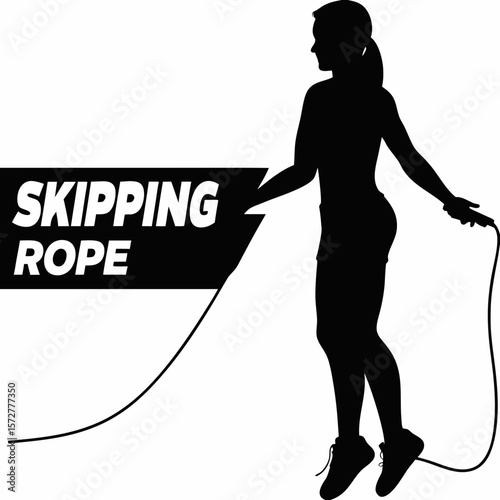 Active black silhouette of an athletic woman skipping rope in a powerful pose—great for fitness, exercise, gym, and healthy lifestyle vector illustrations