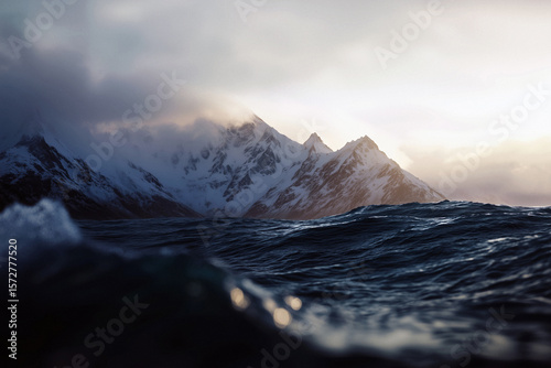 AI Image. Majestic view on the sea and snow-capped mountains