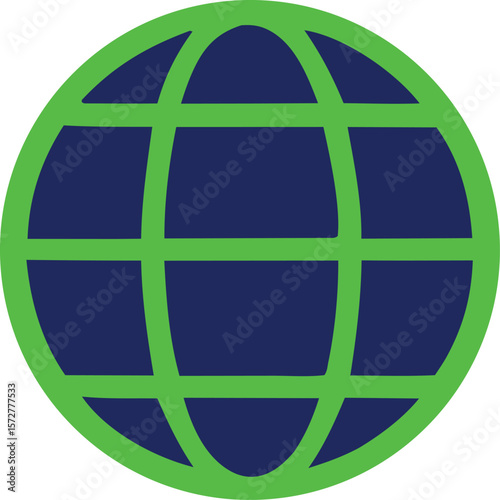 A simple stylized globe icon featuring a dark blue sphere with a bright green grid overlay and a thick green circular border
