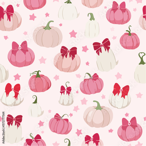 Seamless vector pattern with cute coquette pumpkins with burgundy bows. Pink halloween symbols on background. Autumn vegetables texture for wallpaper, ...