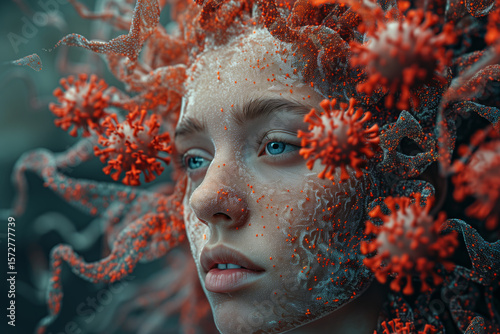AI Image. Woman head made of fungus and bacteria structures