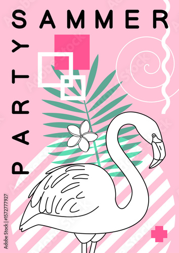 vector Summer party poster. Clip art on pinck background.