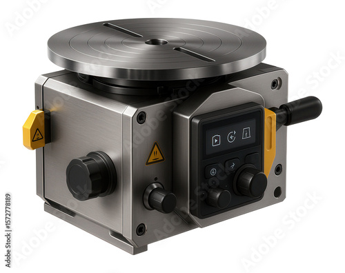 Multi-axis welding turntable with a digital readout and synchronized rotation for complex assemblies in robotics.