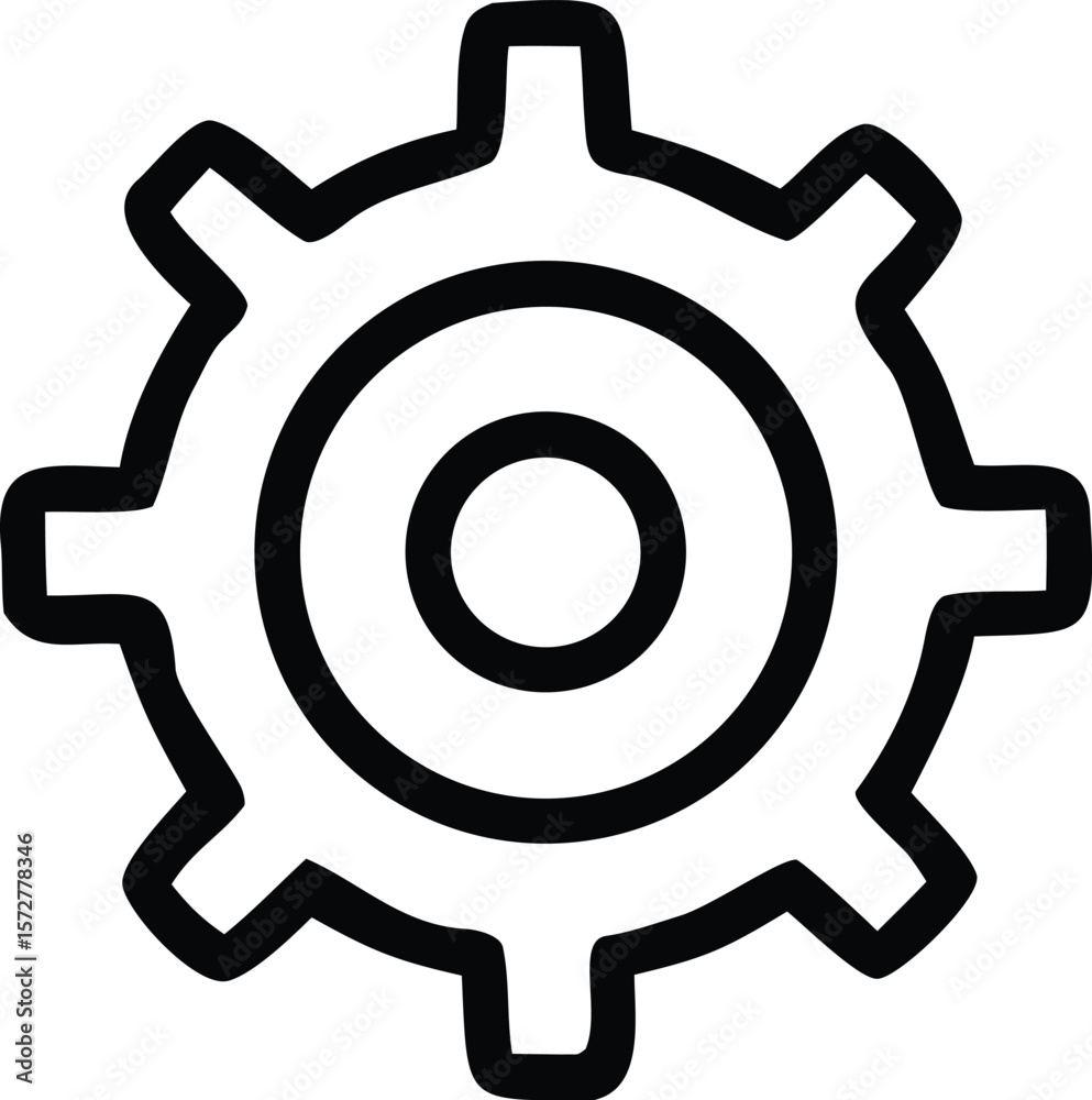 A stylized bold black outline of a gear with six teeth and concentric circles in the center on a white background A stylized bold black outline of a gear with six teeth and concentric circles in the center on a white background