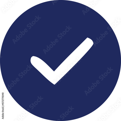 A simple white check mark symbol is prominently displayed within a solid dark blue circular background creating a clean and modern graphic