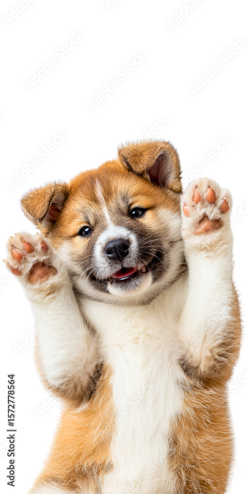 Obraz premium fluffy white and brown akita puppy laying on his back and presenting his cute paws; doggy ready for belly rubs isolated over white (transparent) background