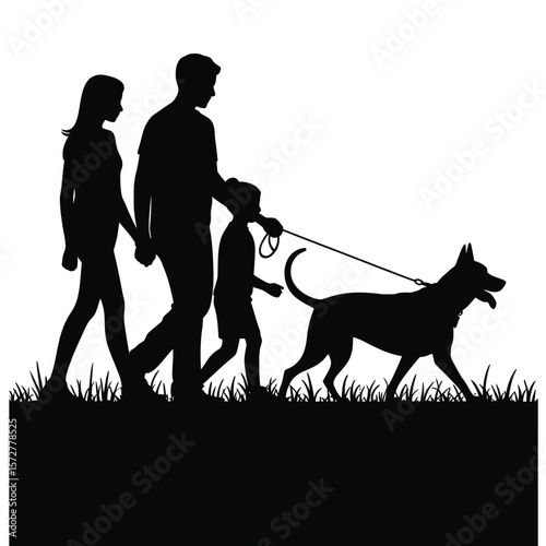 Black and white silhouette vector of dog walking happily with family in an outdoor scene