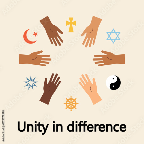 Unity in Difference. Hands and faith symbols. Hands of different tones surrounding spiritual symbols from major world religions, symbolizing religious tolerance.