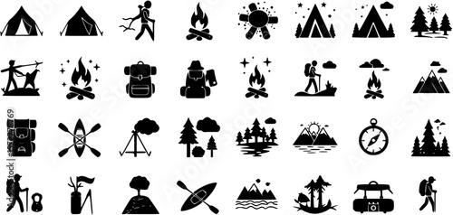 Camping, outdoor adventure icon set. Vector glyph pictograms of eco-tourism, tent, backpack, campfire, compass, kayak, hiking, travel, wilderness exploration black silhouette illustration