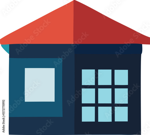 A stylized geometric illustration of a simple house with a red pitched roof and blue walls featuring two distinct window designs on a white background