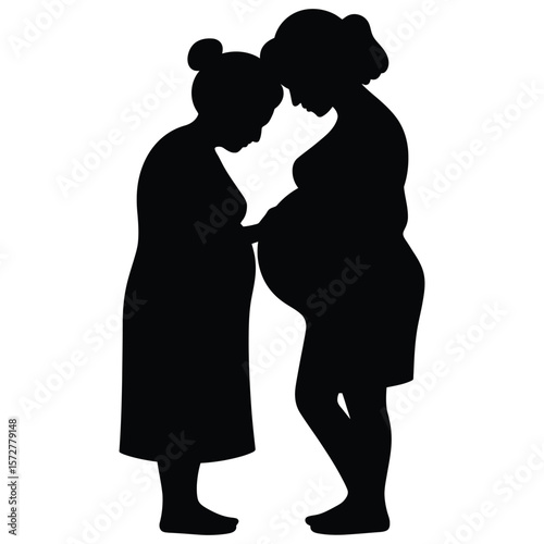 Black and white silhouette vector of grandma and pregnant woman touching belly together in a tender family moment