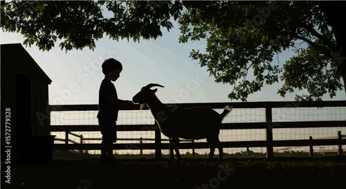 Silhouette of a boy with a goat in a fenced area under a tree with a shed in the background scene