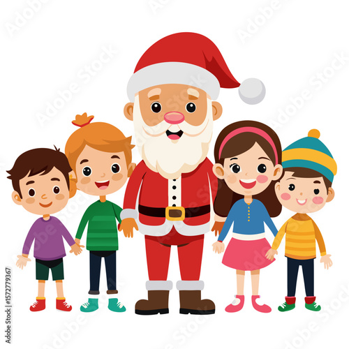 Santa Claus with diverse group of happy children vector illustration for Christmas holiday gatherings and festive celebrations.

