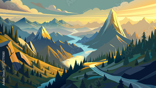 Passage over scenic, sunlit evergreen mountains shrouded in mist, aerial shot