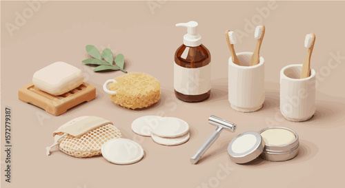 Arrangement of eco friendly bathroom essentials including soap toothbrushes and reusable cotton pads