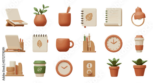 A collection of desk objects including plants, notebooks, clocks, and writing implements displayed