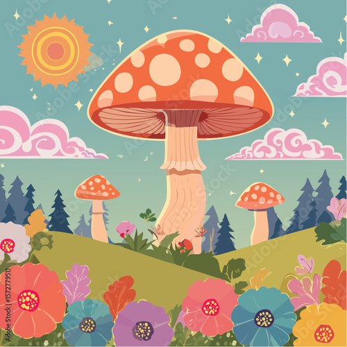 Colorful groovy mushrooms and flowers illustration in 70s and 60s style. Vintage hippie landscape. Psychedelic seventies floral background. Vector graphic ...