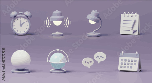 Still life arrangement featuring an alarm clock lamps notepad eggs and a calendar on a purple surface