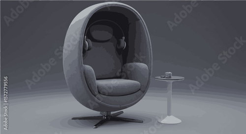 A gray egg chair with a swivel base next to a small round table in a gray room interior design
