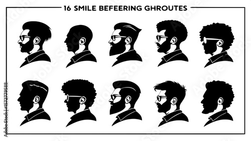 "Design reference grid of 16 male silhouettes, each with unique grooming styles: buzz cuts, afros, pompadours, goatees, full beards, and glasses — black shapes on white background, front-facing, clean