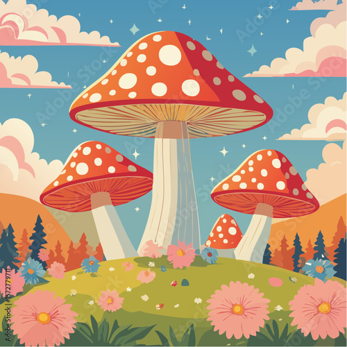 Colorful groovy mushrooms and flowers illustration in 70s and 60s style. Vintage hippie landscape. Psychedelic seventies floral background. Vector graphic ...
