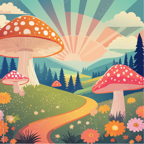Colorful groovy mushrooms and flowers illustration in 70s and 60s style. Vintage hippie landscape. Psychedelic seventies floral background. Vector graphic ...