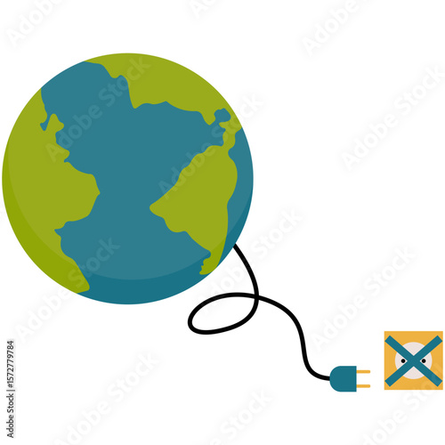 Earth Hour Illustration. Save the planet concept for Earth Hour and World Earth Day. Vector illustration of a clock on planet Earth at night with green light bulb and plant. Environmental conservation