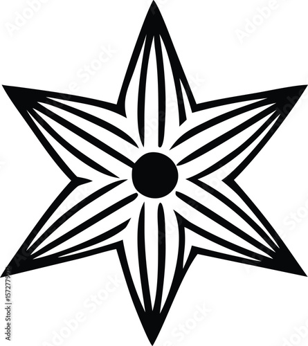 A stylized black six pointed star symbol with radiating lines emanating from a central black circle on a white background