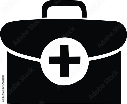 Simple black silhouette of a medical first aid kit with a white cross emblem and handle