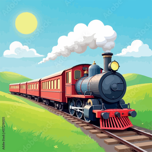 illustration, design, railway, locomotive, transportation, retro, rail, engine, travel, railroad, steam, icon, colorful, classic, graphic, coal, cheerful, playful, track, model, vehicle, colourful, 