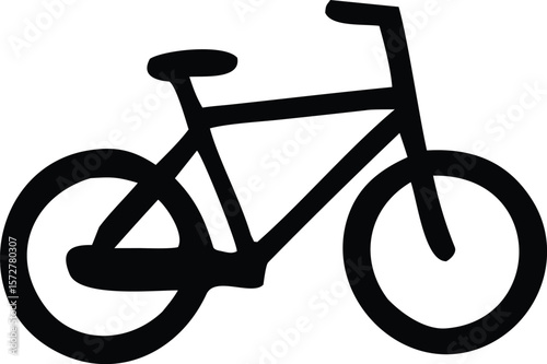 Simple black silhouette of a bicycle with two wheels handlebars a seat and a frame on a white background