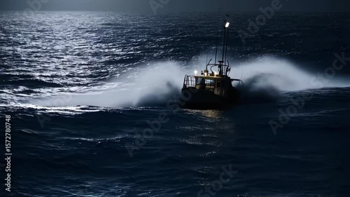 a small fishing vessel navigating through dark, tumultuous waters at night. The boat is illuminated by glowing lights, contrasting with the deep blue of the ocean.