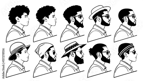 "Monochrome graphic chart of 16 diverse male silhouettes, frontal portraits with varied hairstyles and beard styles, minimalist line art with a focus on head shape, hair texture, and accessories like 