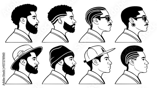 "Monochrome graphic chart of 16 diverse male silhouettes, frontal portraits with varied hairstyles and beard styles, minimalist line art with a focus on head shape, hair texture, and accessories like 