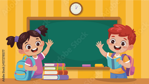 Back to school illustration: children waving in classroom with blackboard and school supplies