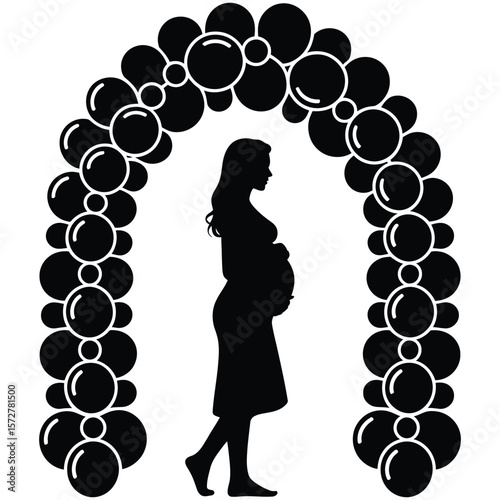 Black and white silhouette vector of pregnant woman standing under balloon arch in festive celebration maternity scene
