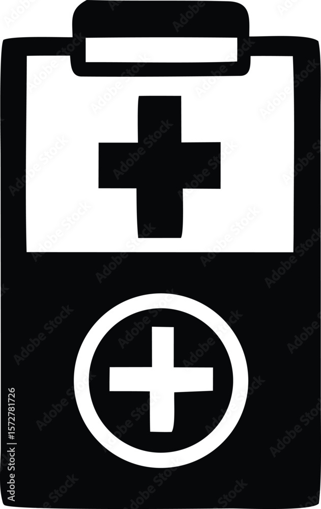Obraz premium Simple black and white graphic illustration of a medical first aid kit with a cross symbol and a clipboard