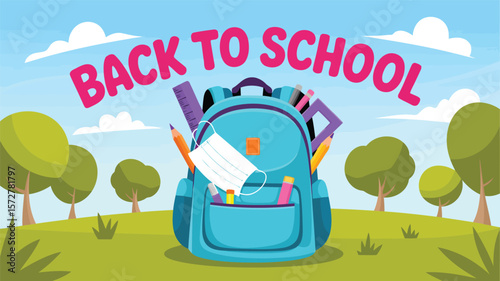 Back to school supplies backpack with mask illustration for education and learning concept