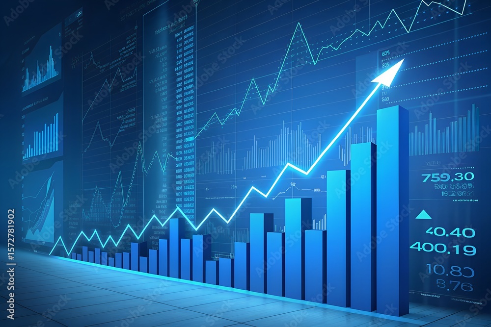 Naklejka premium Futuristic Blue Glowing 3D Stock Chart with Upward Arrows – Financial Growth and Analytics Visualization