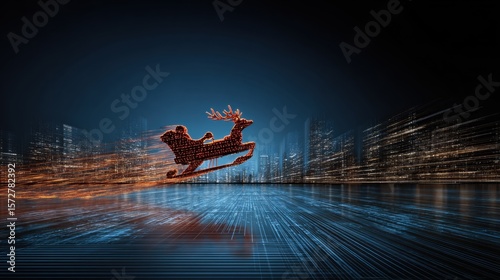 A reindeer flying mid-air against a clear blue sky during daytime, symbolizing holiday magic and fantasy.