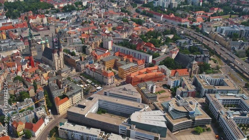 Aerial view around the old town and cathedral in the city Köthen (Anhalt) on a sunny spring day in Germany