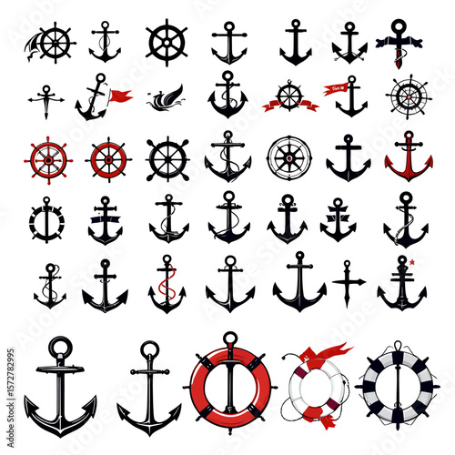 A collection of nautical themed design elements including anchors, ship wheels, and life preservers in a vector format, perfect for marine-themed graphics.