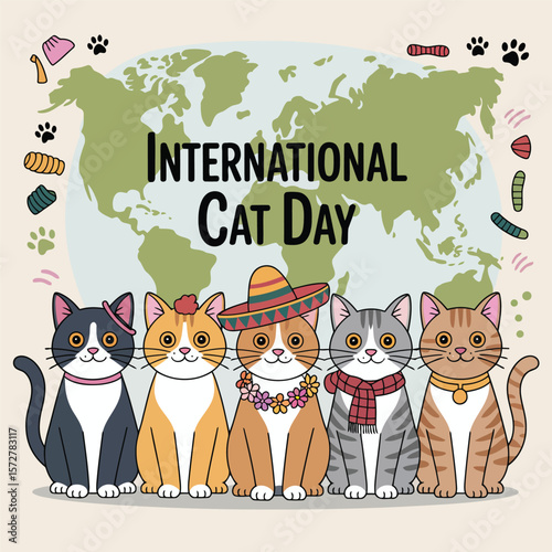 Celebrate international cat day with adorable cartoon cats around the world illustration art