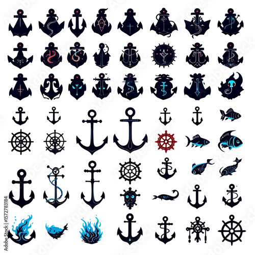 A diverse collection of vector anchor illustrations in PNG format, showcasing various styles and designs suitable for nautical themes and graphic design projects, offering creative elements.