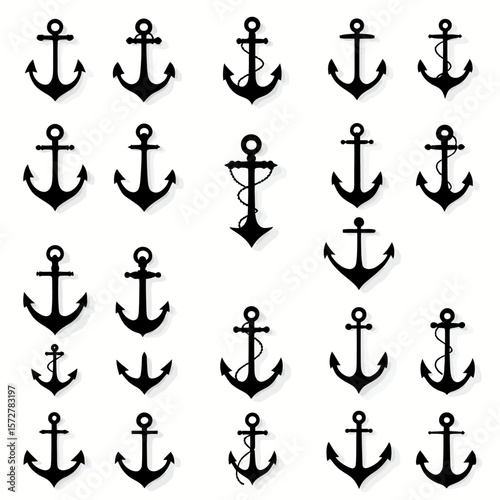 A comprehensive collection of diverse black anchor vector silhouettes, perfect for nautical themes and maritime design projects on a clean white background.