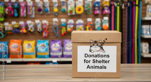 Donation Box for Shelter Animals on International Cat Day at a Pet Store