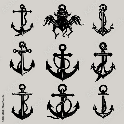 A collection of nine stylized black anchor illustrations on a light gray background, perfect for nautical designs, logos, or decorative elements in various creative projects.