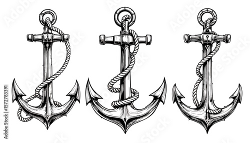 A collection of three hand-drawn vintage nautical anchors with ropes, rendered in a classic engraved style, perfect for maritime design projects.